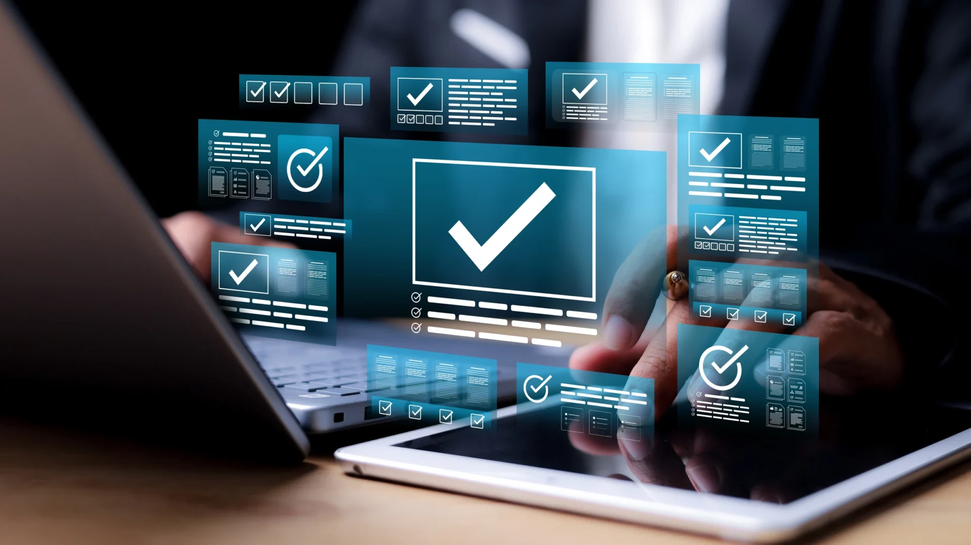 Digital checkmarks on multiple virtual screens.