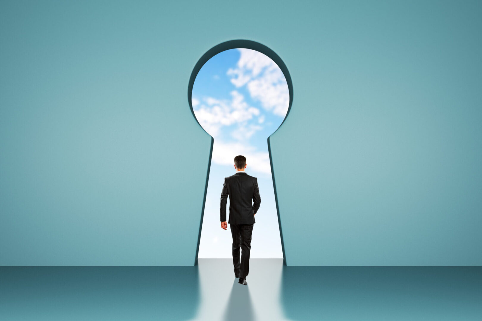 Back view of young businessman in abstract blue interior with keyhole window and sky view. Access and leadership concept.
